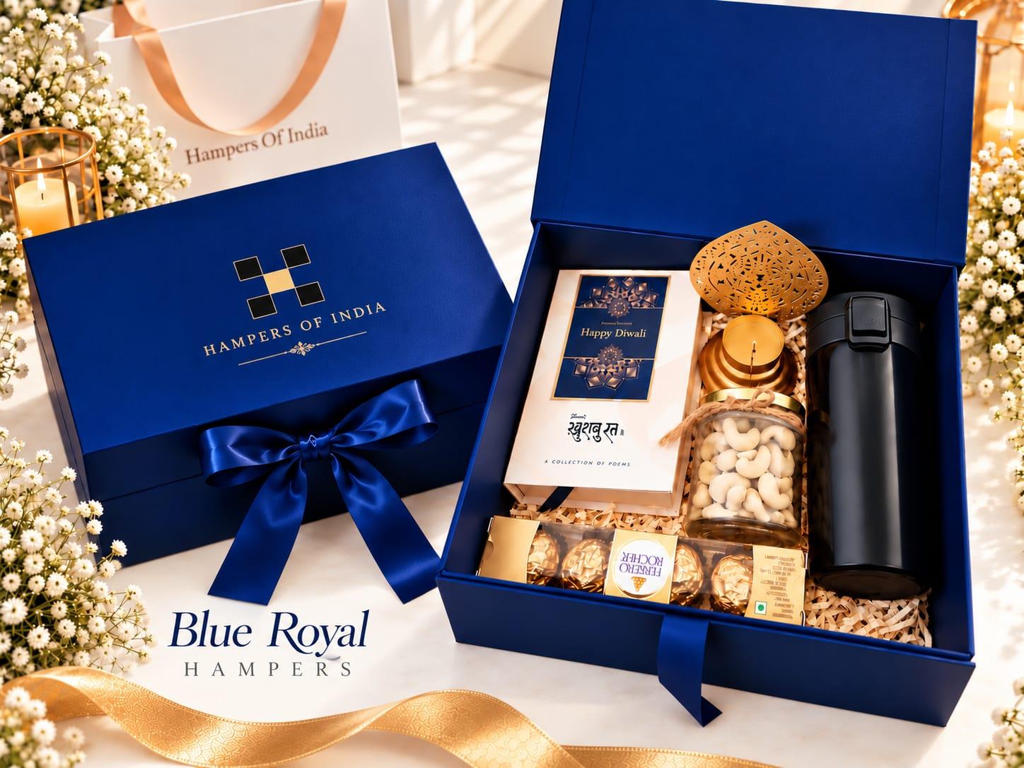 Blue Royal navy box with flask, cashew jar, Ferrero Rocher, and poetry book