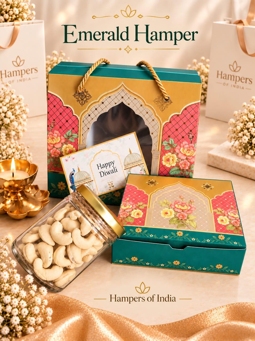 Emerald-and-gold festive carry bag with cashews and greeting