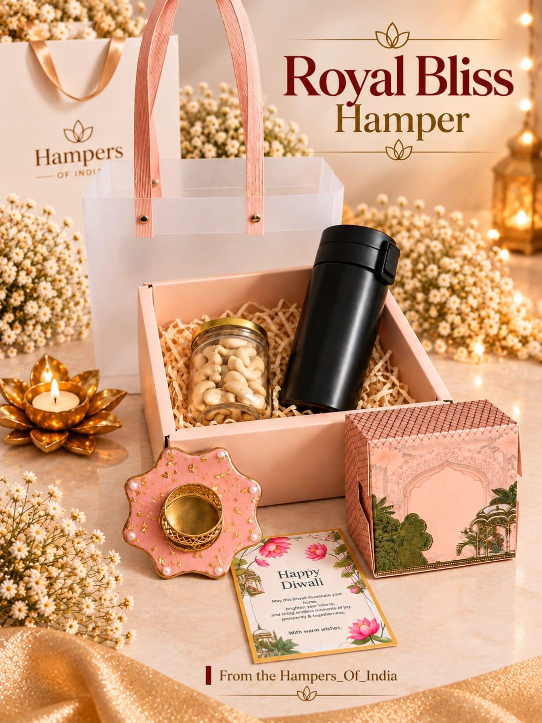 Royal Bliss pink box with cashew jar, flask, and chocolates